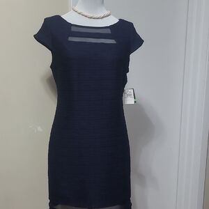 Taylor Midnight Blue Sheer Neck Dress New With Tags